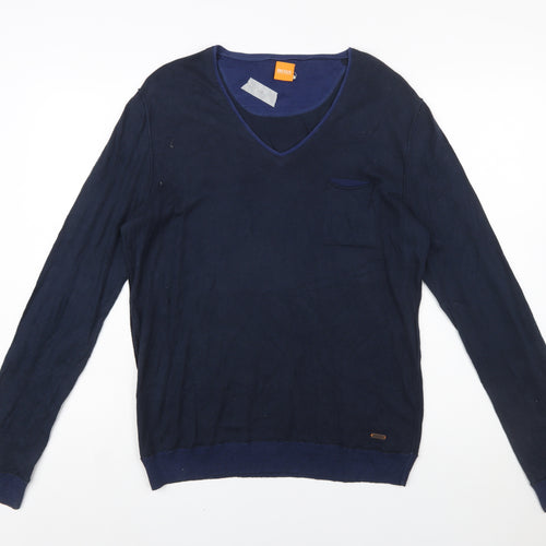 Hugo Boss Mens Blue V-Neck Cotton Pullover Jumper Medium