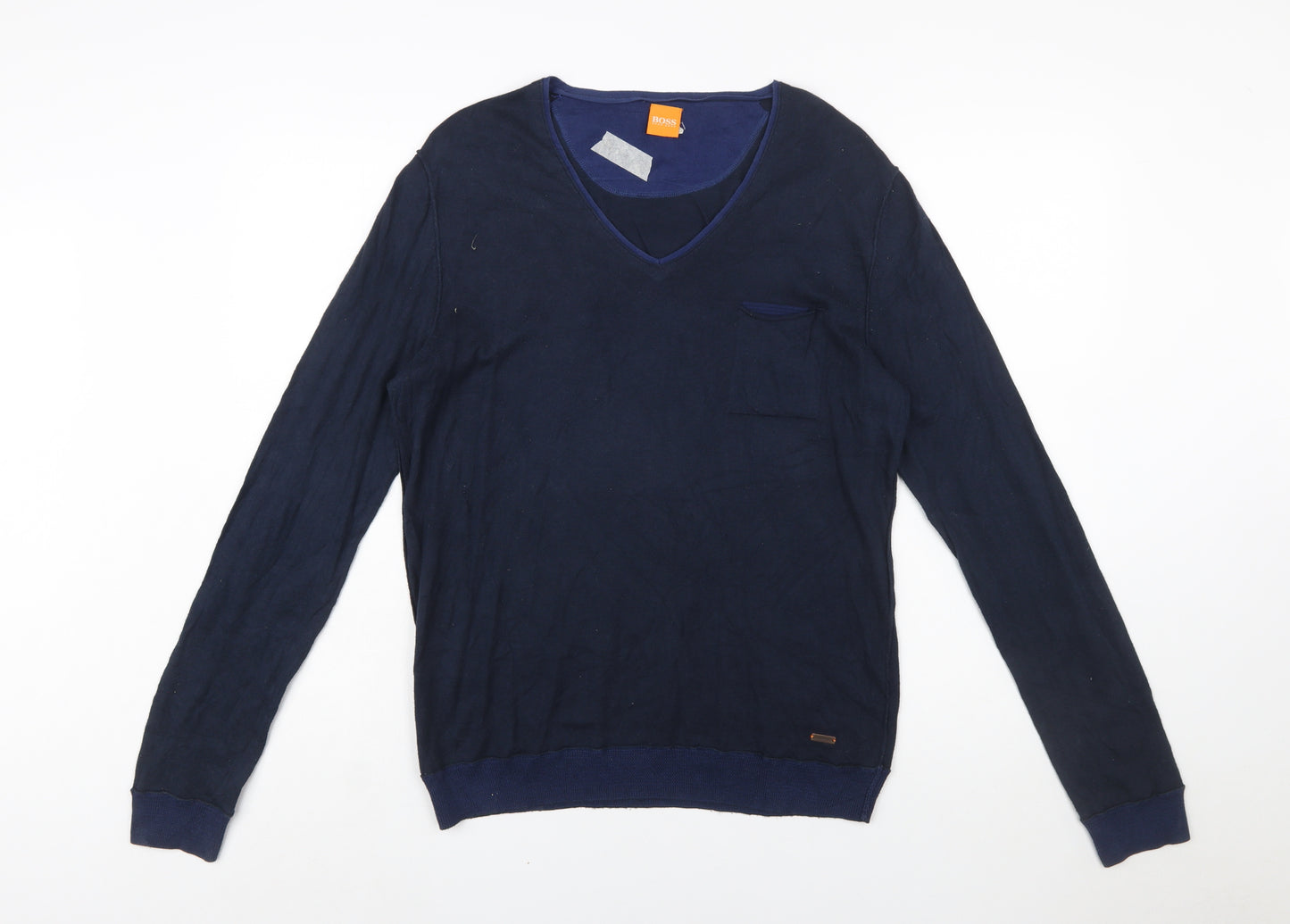 Hugo Boss Mens Blue V-Neck Cotton Pullover Jumper Medium