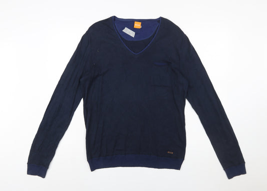 Hugo Boss Mens Blue V-Neck Cotton Pullover Jumper Medium