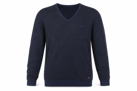 Front view of Hugo Boss men’s blue v-neck cotton jumper medium