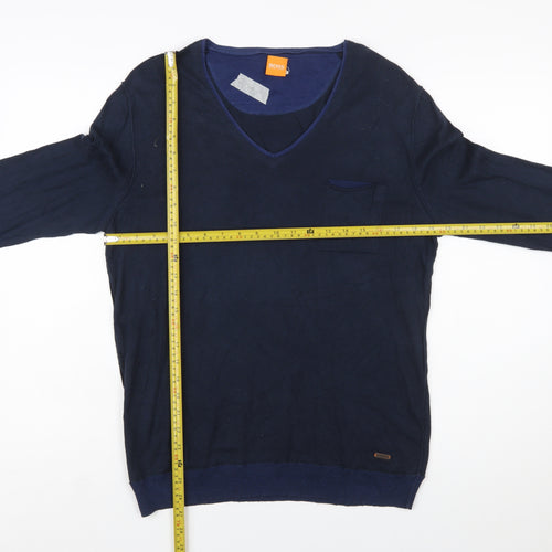 Hugo Boss Mens Blue V-Neck Cotton Pullover Jumper Medium
