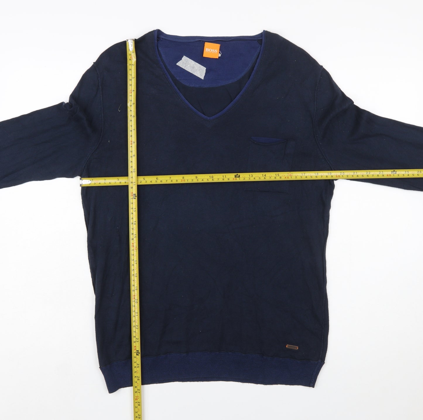 Hugo Boss Mens Blue V-Neck Cotton Pullover Jumper Medium