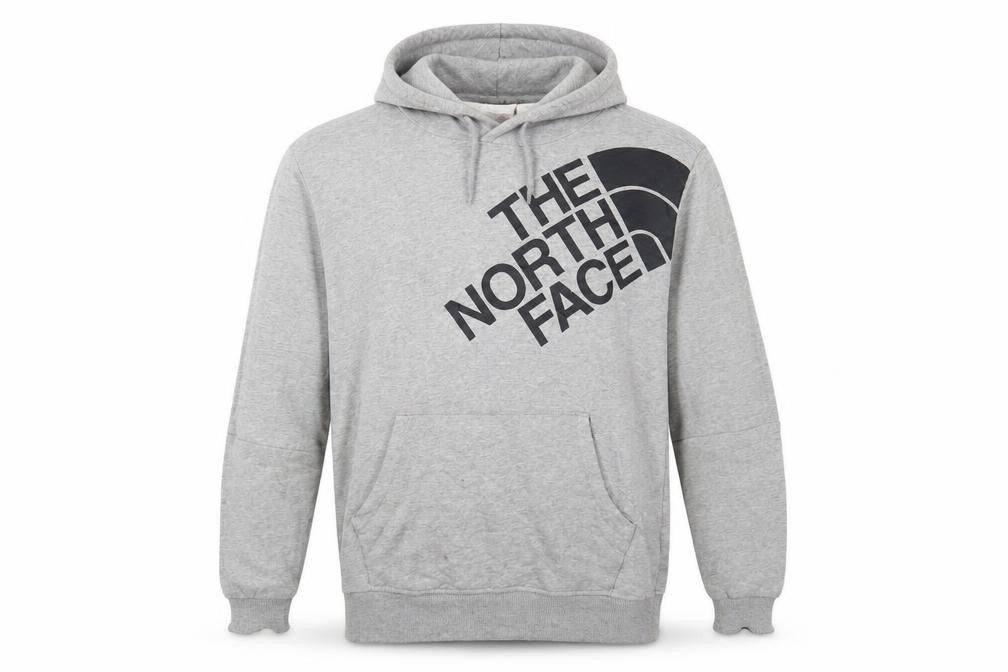 Front view of The North Face men’s grey pullover hoodie small graphic logo
