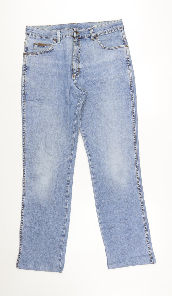 Wrangler Men’s Blue 36x34 Straight Fit Light Wash Stretch Denim Jeans