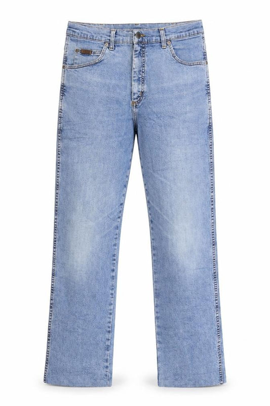 Front view of Wrangler Men’s Blue 36x34 Straight Fit Light Wash Stretch Denim Jeans