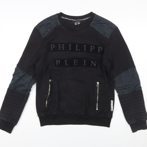 Philipp Plein Men's Black M Pullover Sweatshirt with Logo and Zip Accents