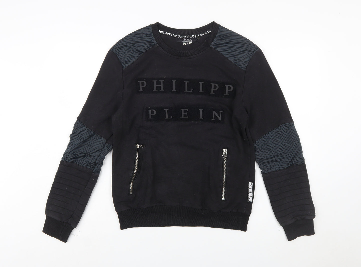 Philipp Plein Men's Black M Pullover Sweatshirt with Logo and Zip Accents
