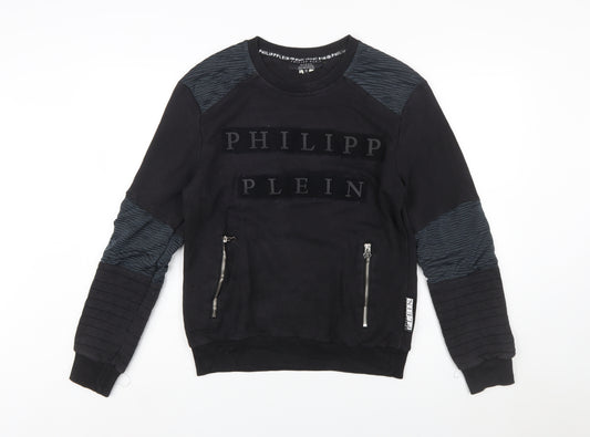 Philipp Plein Men's Black M Pullover Sweatshirt with Logo and Zip Accents