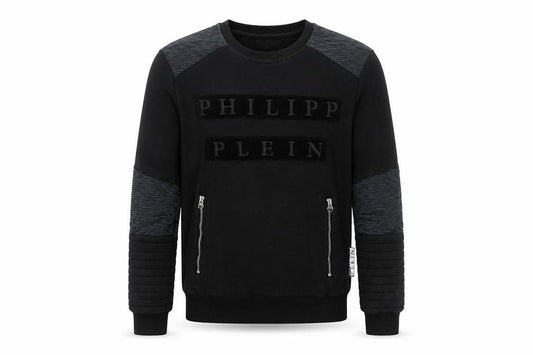 Front view of Philipp Plein Men's Black M Pullover Sweatshirt with Logo and Zip Accents