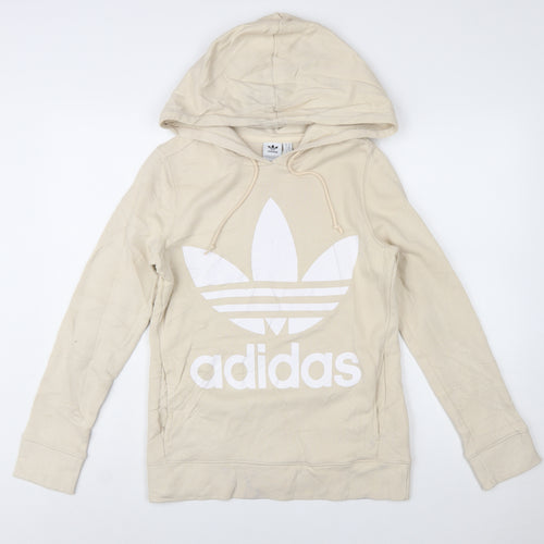 Adidas Women Beige Hooded Pullover Hoodie UK 6 Cotton Blend Logo