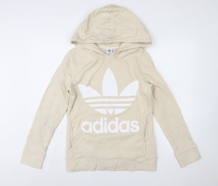 Adidas Women Beige Hooded Pullover Hoodie UK 6 Cotton Blend Logo
