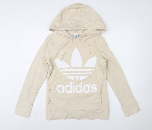 Adidas Women Beige Hooded Pullover Hoodie UK 6 Cotton Blend Logo