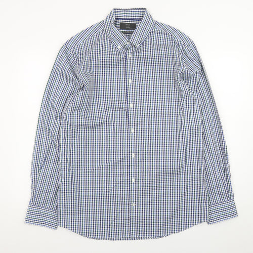 Marks and Spencer Men's Blue Check Long Sleeve Button-Up Shirt Size L