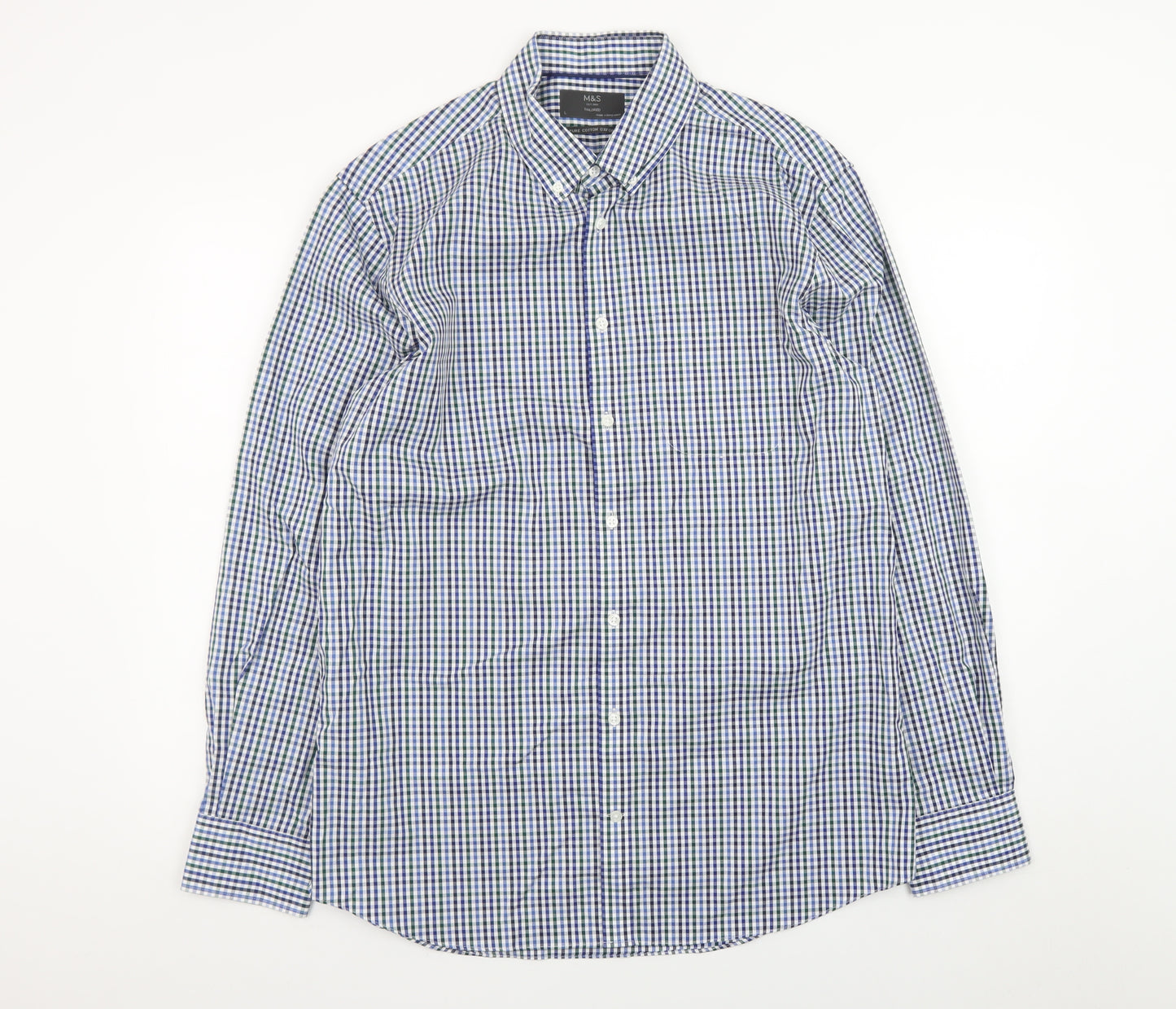 Marks and Spencer Men's Blue Check Long Sleeve Button-Up Shirt Size L