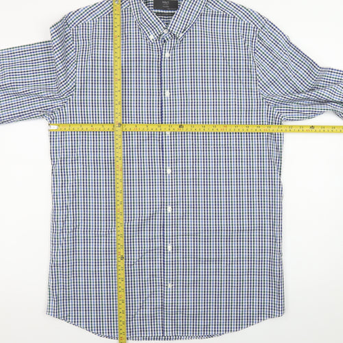Marks and Spencer Men's Blue Check Long Sleeve Button-Up Shirt Size L