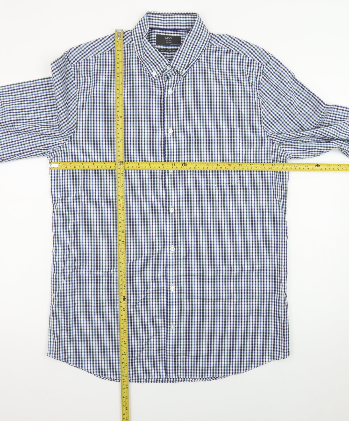 Marks and Spencer Men's Blue Check Long Sleeve Button-Up Shirt Size L