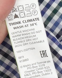Marks and Spencer Men's Blue Check Long Sleeve Button-Up Shirt Size L