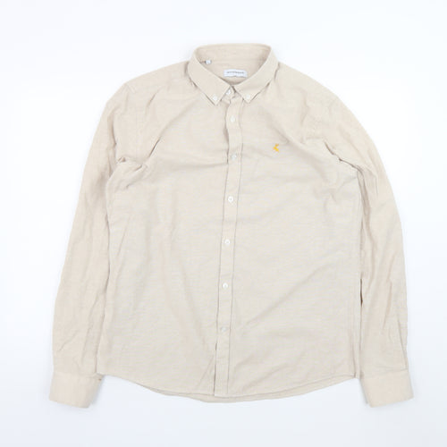 OTTOMODA Men's Beige Button-Down Long Sleeve Cotton Blend Shirt Size L