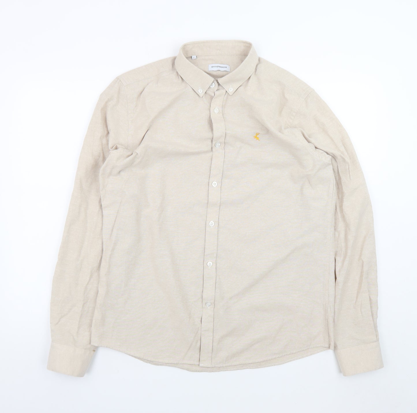 OTTOMODA Men's Beige Button-Down Long Sleeve Cotton Blend Shirt Size L