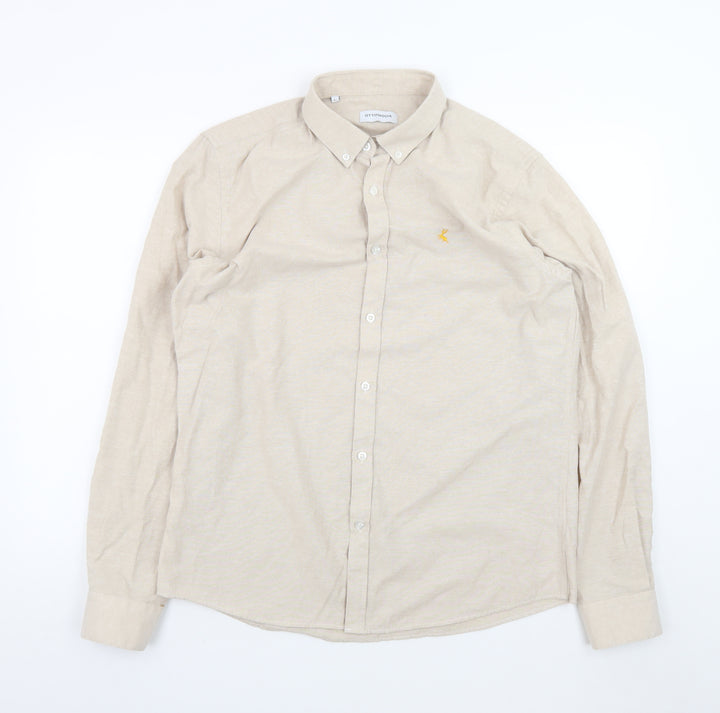 OTTOMODA Men's Beige Button-Down Long Sleeve Cotton Blend Shirt Size L