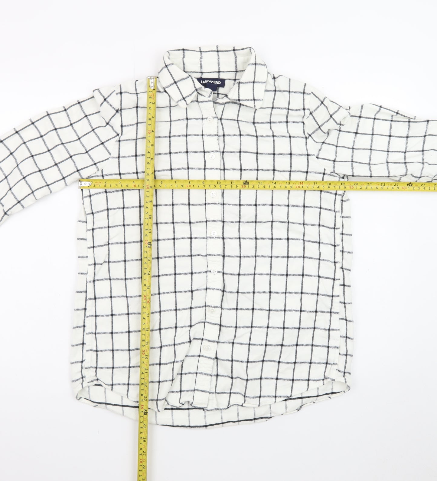 Lands' End Men's White Check Cotton Flannel Long Sleeve Shirt Size S