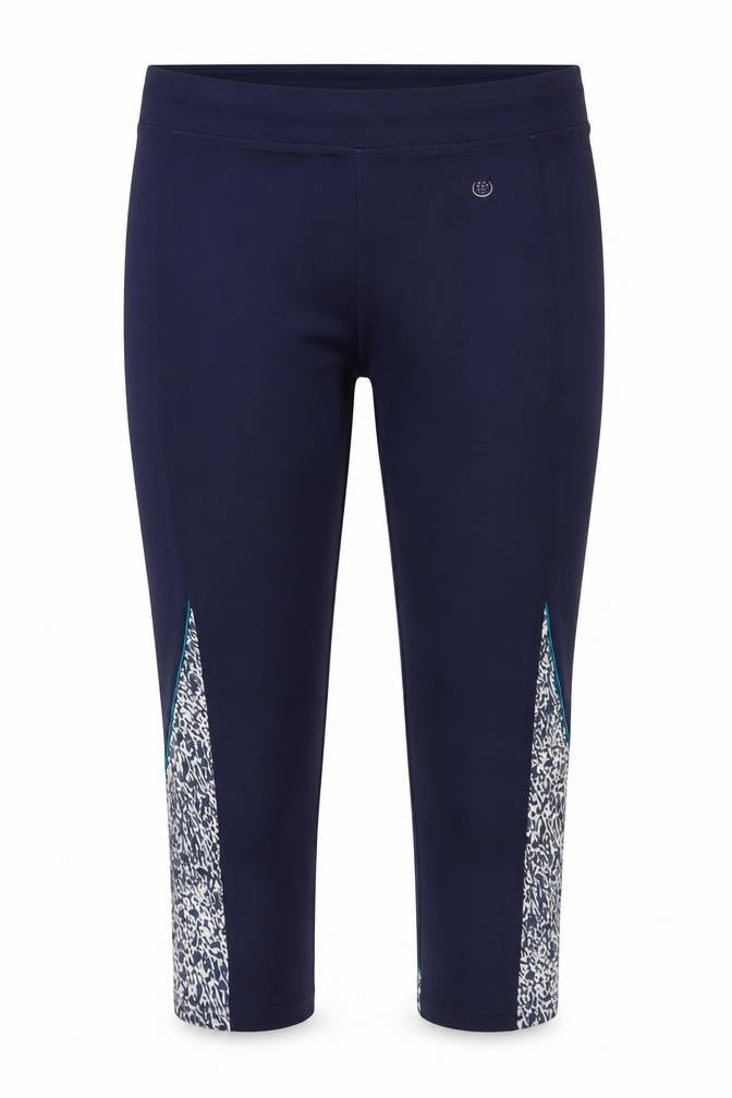 Front view of Dunnes Women's Blue Capri Performance Sport Leggings, size L