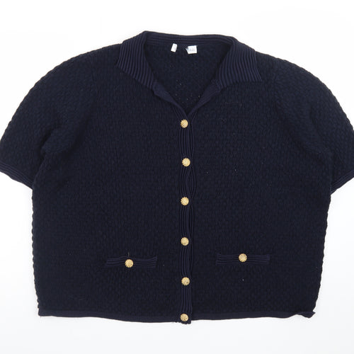 Gallery Womens Navy Blue Collared Short Sleeve Cardigan XL