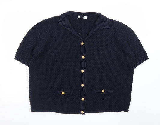Gallery Womens Navy Blue Collared Short Sleeve Cardigan XL