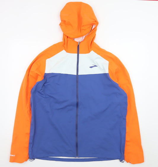 Brooks Men's Orange Blue XL Windbreaker Hooded Running Jacket