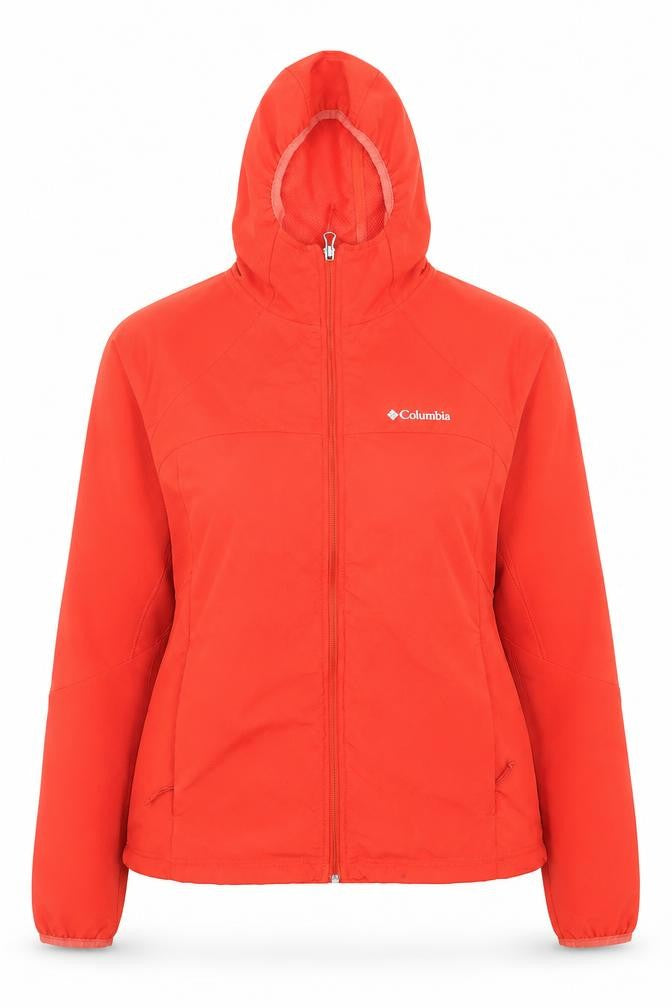 Front view of Columbia Women's Red Soft Shell Hooded Jacket, size L, Outdoor Windproof