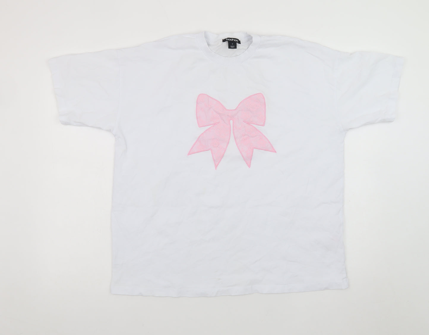 Boohoo Women's White Cotton Bow T-Shirt Size M Short Sleeve Casual Top