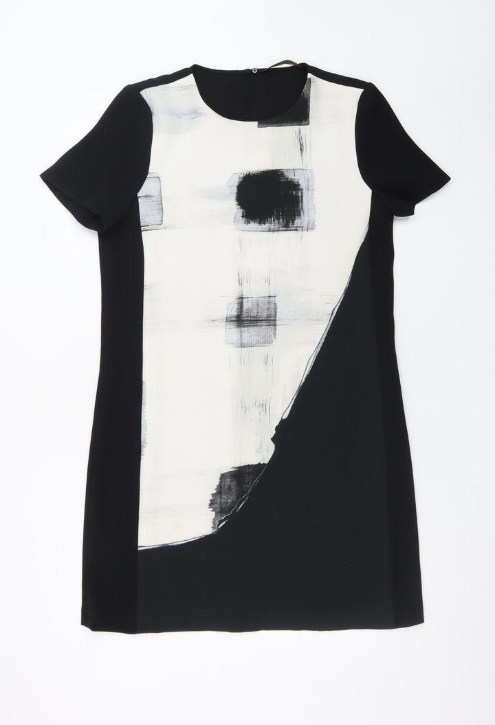 Zara Women Black White Geometric Shift Dress Size 12 Short Sleeve