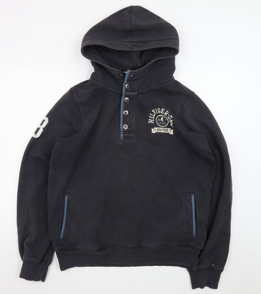 Tommy Hilfiger Men's Blue XL Henley Hoodie with Logo Detail