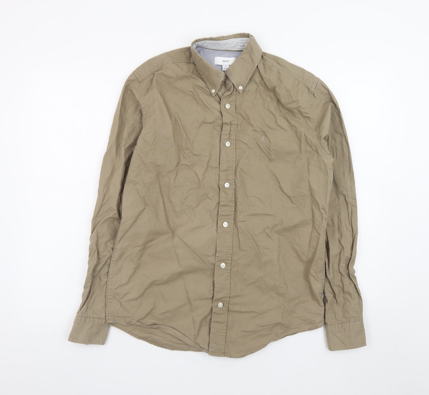 Next Men's Beige Button-Down Cotton Long Sleeve Casual Shirt S