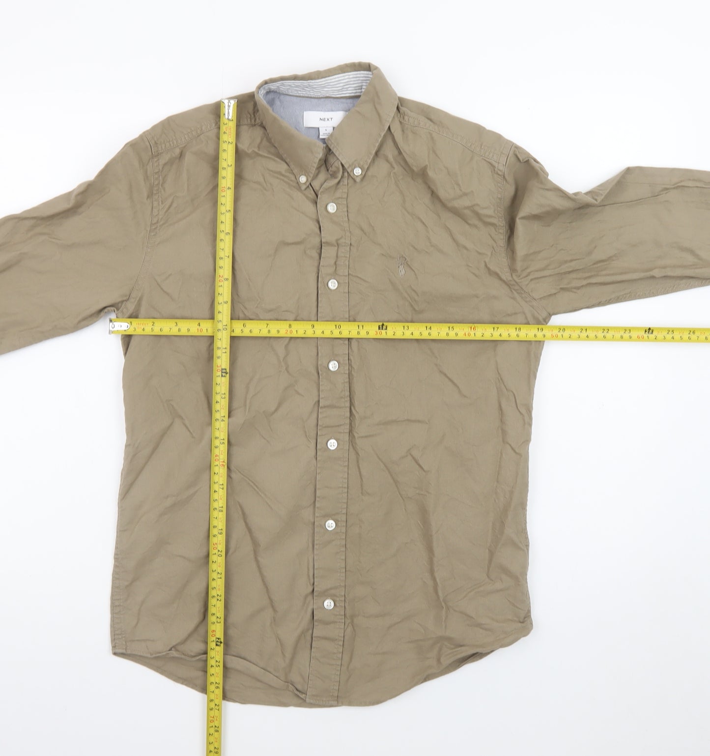 Next Men's Beige Button-Down Cotton Long Sleeve Casual Shirt S