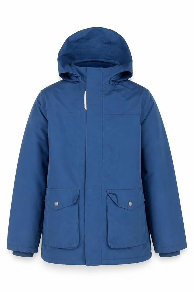 Front view of NAME IT Teens Blue Hooded Parka Jacket, size 164, Polyester Lined