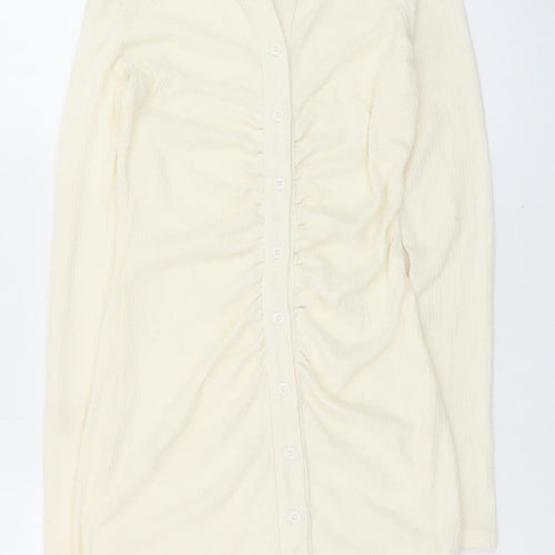 PrettyLittleThing Women Ivory UK 12 Shirt Dress Long Sleeve Ruched