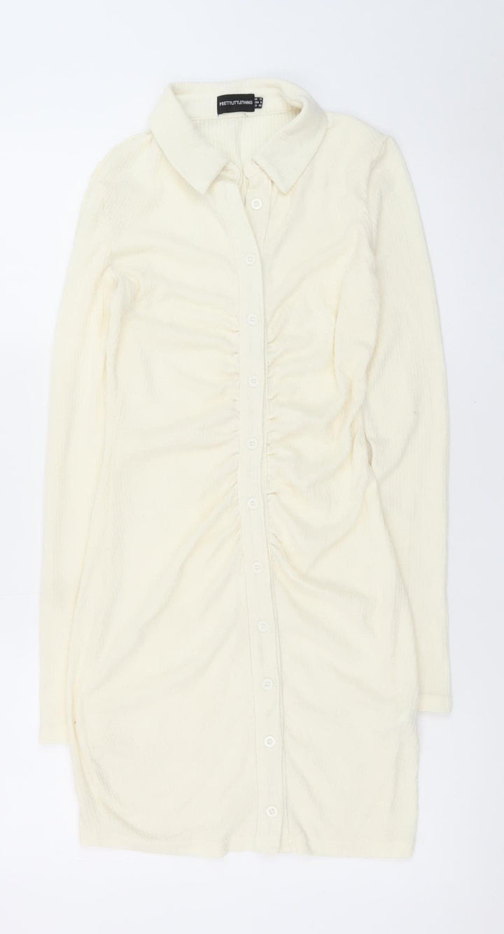 PrettyLittleThing Women Ivory UK 12 Shirt Dress Long Sleeve Ruched