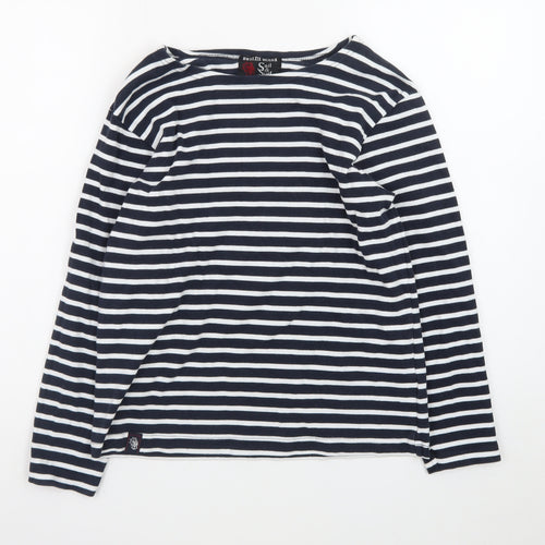Breizh Ocean Women's Blue Striped Long Sleeve Boat Neck Cotton Top M