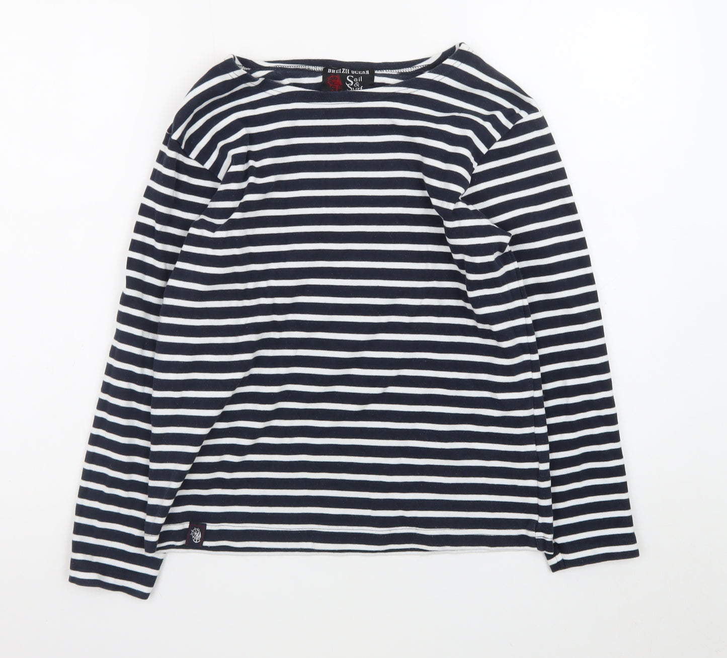 Breizh Ocean Women's Blue Striped Long Sleeve Boat Neck Cotton Top M