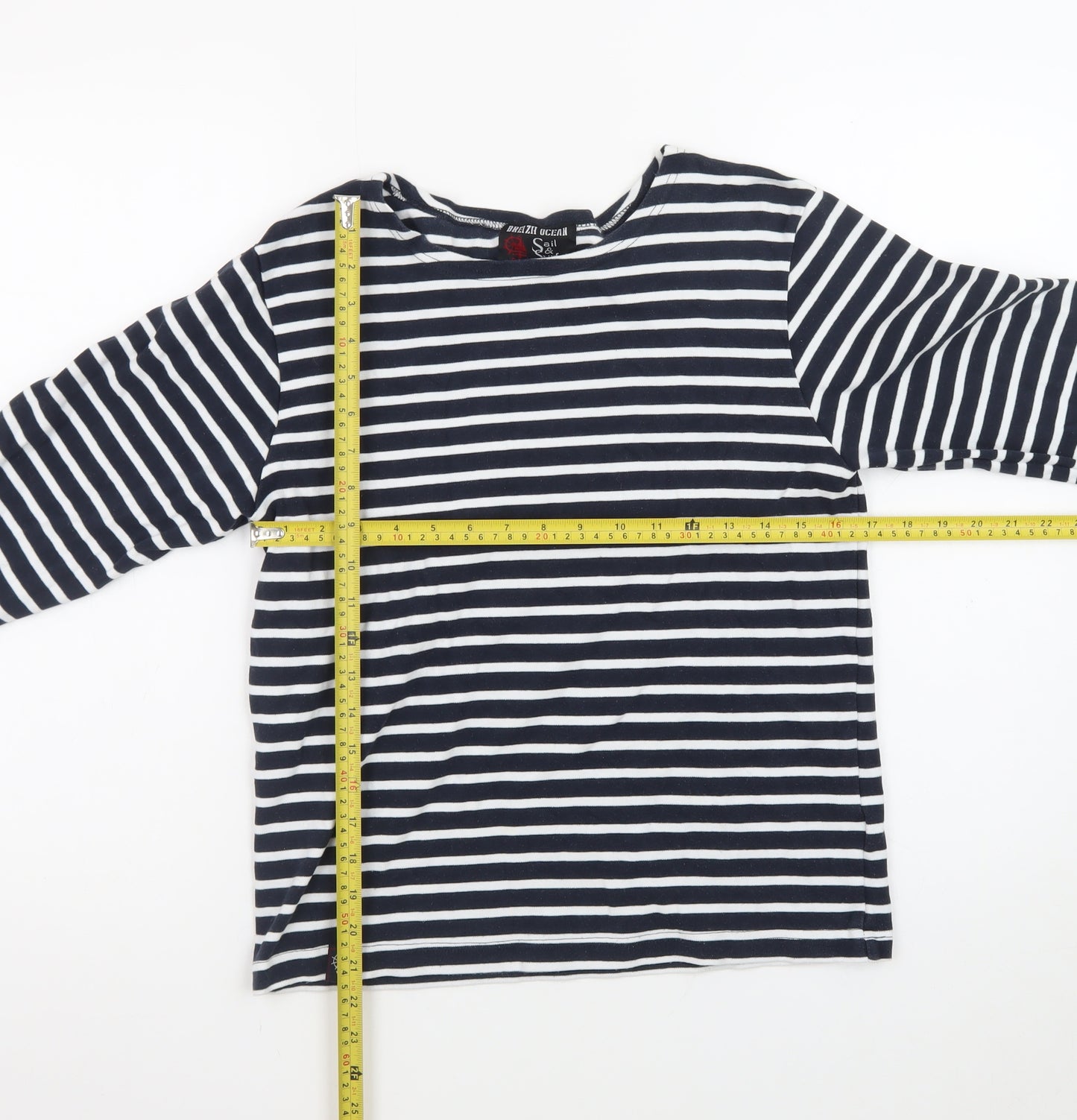 Breizh Ocean Women's Blue Striped Long Sleeve Boat Neck Cotton Top M