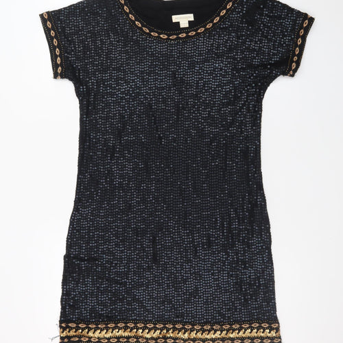 Monsoon Women Black Sequin Shift Dress Size 10 Short Sleeve Party