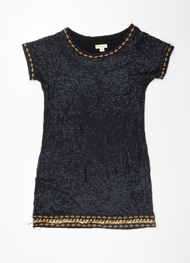 Monsoon Women Black Sequin Shift Dress Size 10 Short Sleeve Party