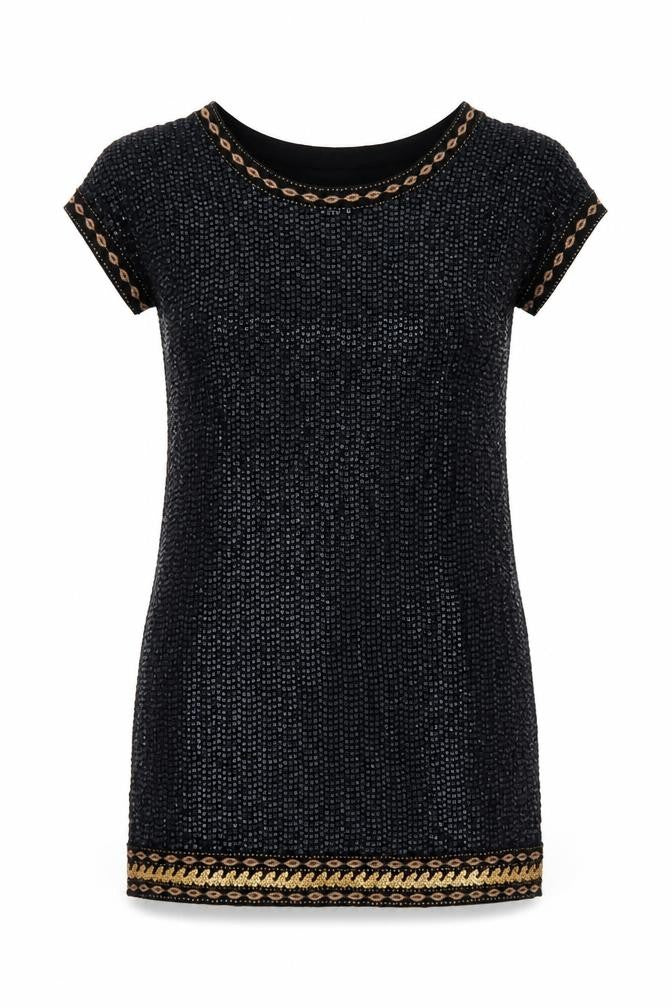 Monsoon Women Black Sequin Shift Dress Size 10 Short Sleeve Party