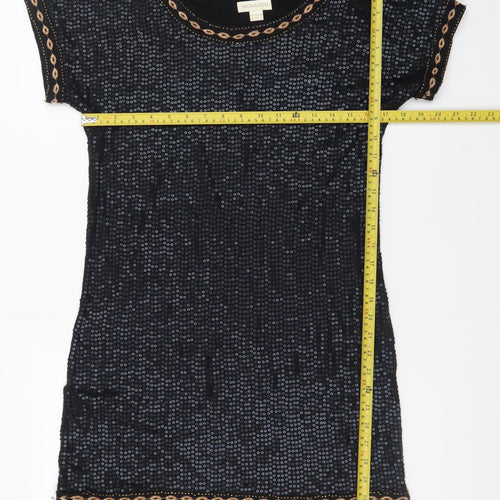 Monsoon Women Black Sequin Shift Dress Size 10 Short Sleeve Party