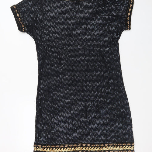 Monsoon Women Black Sequin Shift Dress Size 10 Short Sleeve Party