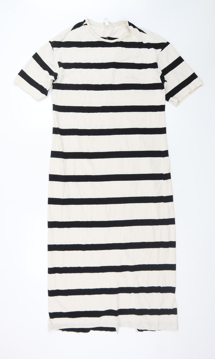 H&M Women’s Black White Striped Midi T-Shirt Dress L