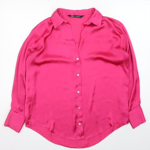 Zara Women Pink Satin Collared Long Sleeve Blouse Size 12