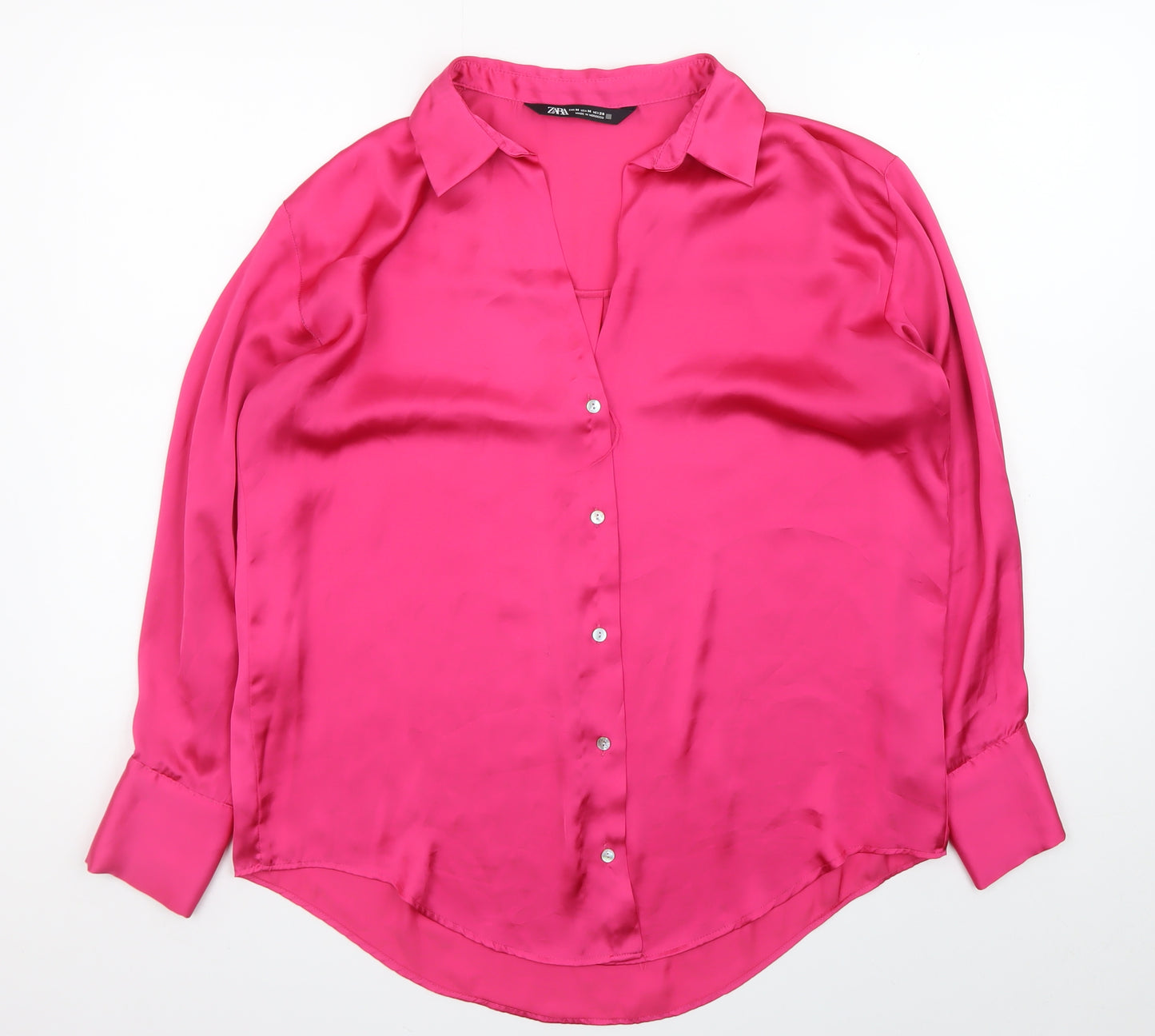 Zara Women Pink Satin Collared Long Sleeve Blouse Size 12