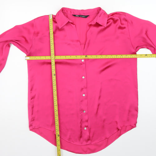 Zara Women Pink Satin Collared Long Sleeve Blouse Size 12